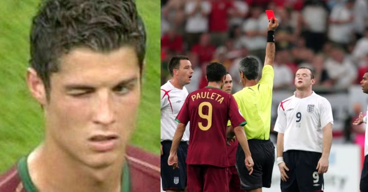 Cristiano Ronaldo winks at the Portuguese bench after Wayne Rooney gets sent off