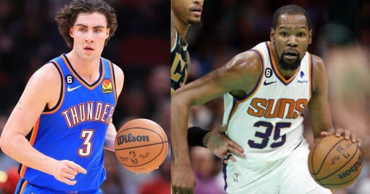 Phoenix Suns' Kevin Durant and Oklahoma City Thunder's Josh Giddey on the court