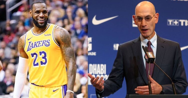 LeBron James on the court and Adam Silver being interviewed