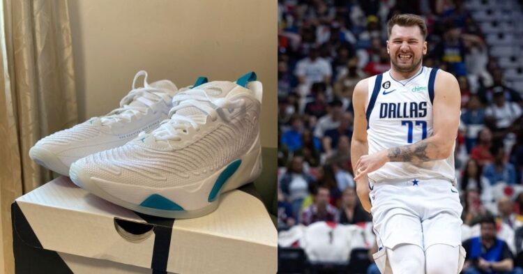 Luka Doncic on the court and his signature shoe the Jordan Luka 1