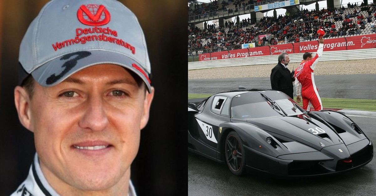 Michael Schumacher in a Deutsche Vermogensberatung hat (left), Schumacher's Ferrari FXX (right) (Credits- Irish Daily Mirror, Pinterest)