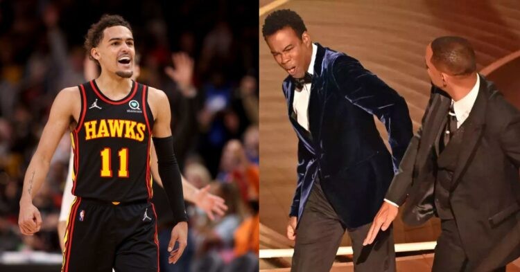NBA star Trae Young, on the court and Chris Rock and Will Smith during the 2022 Oscars