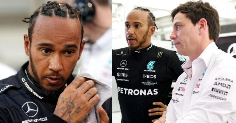 Lewis Hamilton post Bahrain GP (left), Lewis Hamilton with Toto Wolff (right) (Credit- The Guardian, The Telegraph)