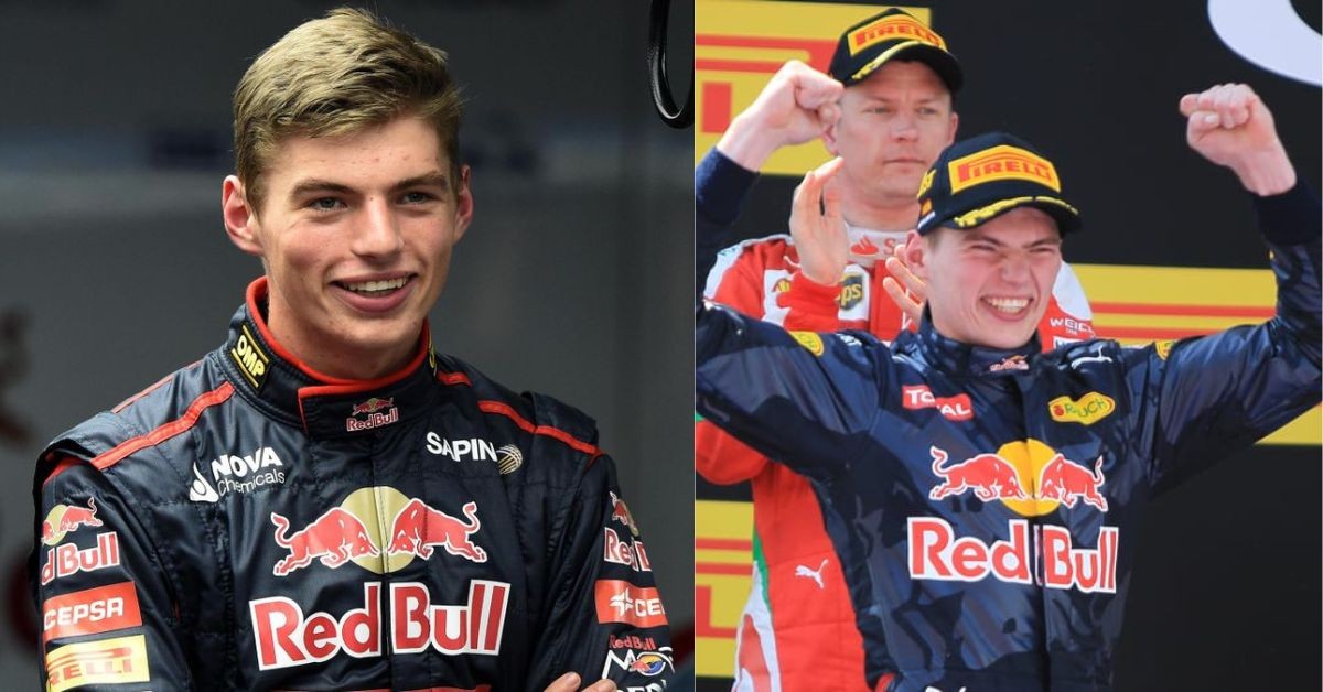 Max Verstappen at 17 (left), Verstappen's first win on the podium (Credit- Eurosport, The Checkered Flag)
