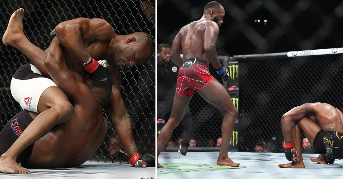 Kamaru Usman (left, on top) and Leon Edwards (right, standing)