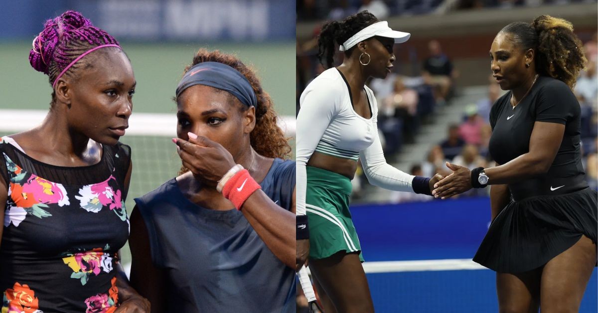 Venus Williams and Serena Williams playing a doubles match (Credit: WTA Tour)