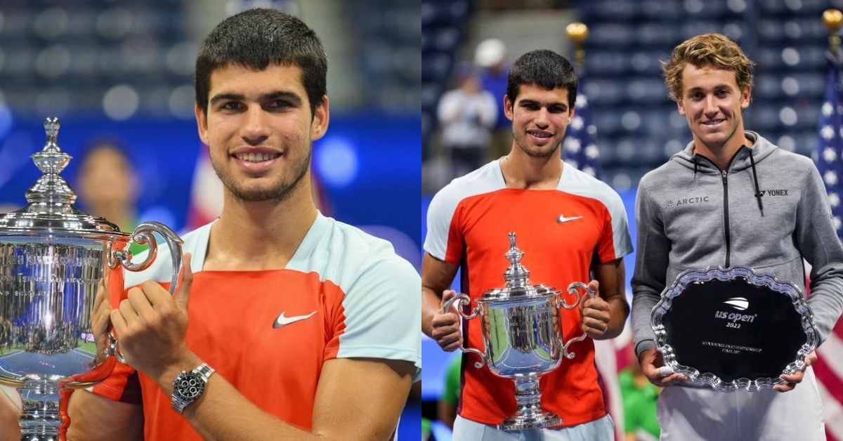 Carlos Alcaraz with his US Open 2022 title along with runner-up Casper Ruud (Credit: Telegraph)