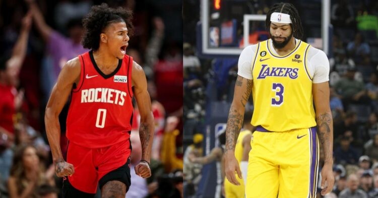 Los Angeles Lakers' Anthony Davis and Houston Rockets' Jalen Green on the court