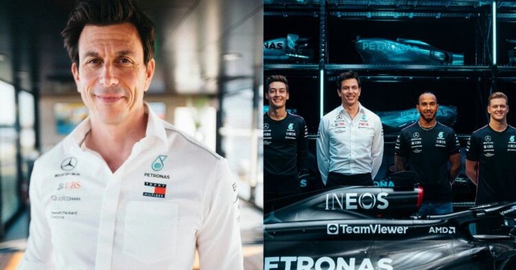 Toto Wolff (left), Toto Wolff with Lewis Hamilton, George Russell and reserve driver Mick Schumacher (right) (Credits- autodrive.pt, Twitter)
