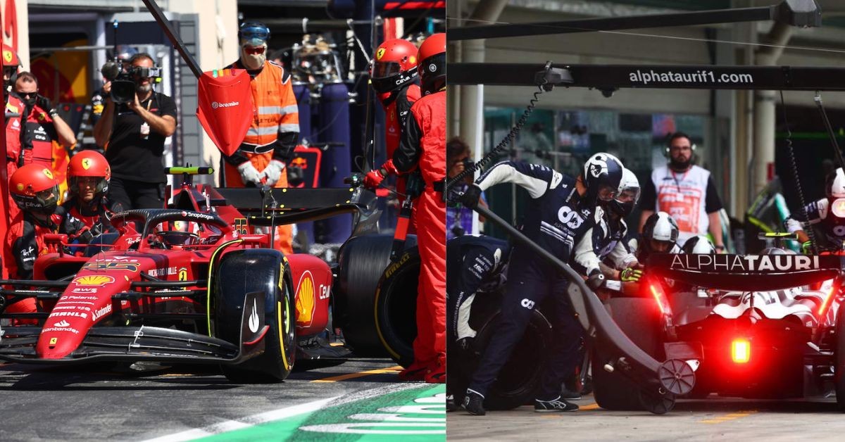 Carlos Sainz waiting to serve his time penalty (left), Pierre Gasly waiting for the team to change tires post penalty (right)(Credit- Motorsport Week, MOTORLAT)