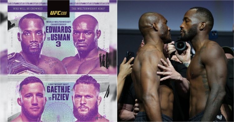 UFC 286 fight poster (left) and Kamaru Usman and Leon Edwards face off (right)