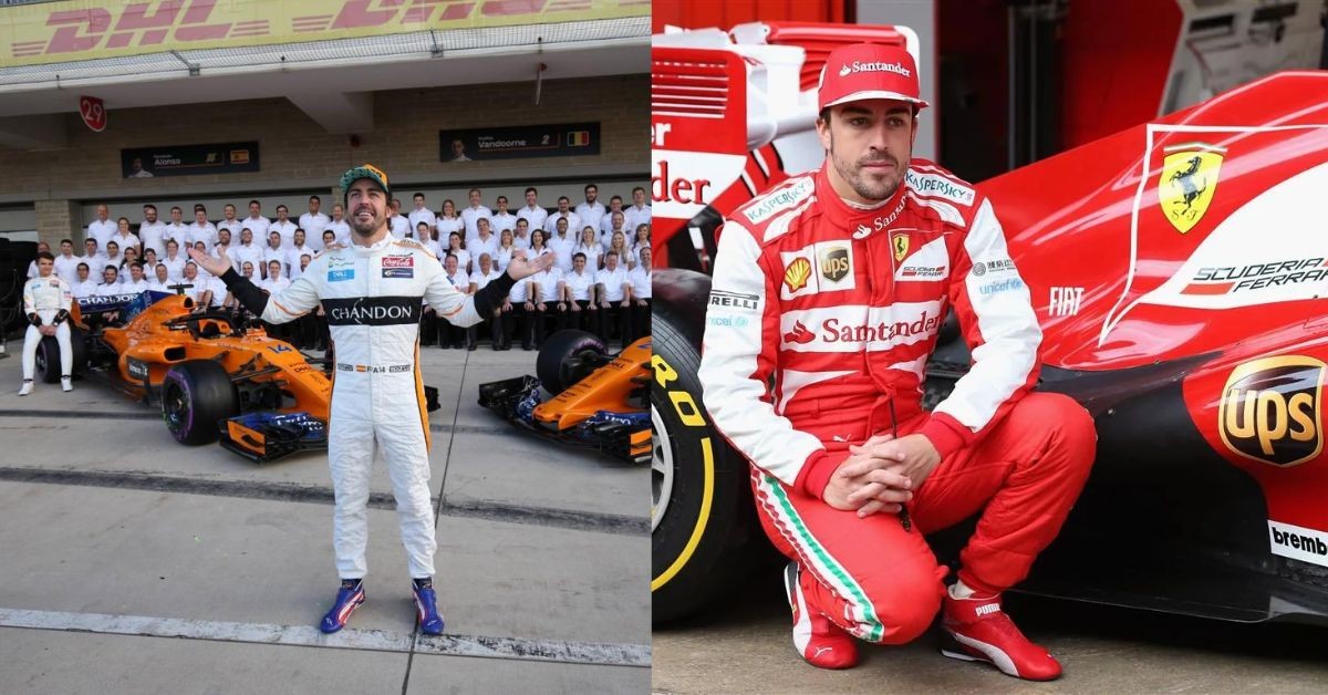 Fernando Alonso at Mclaren (left),  Fernando Alonso at Ferrari (right) (Credit- Crash.net, Insidesport.in)