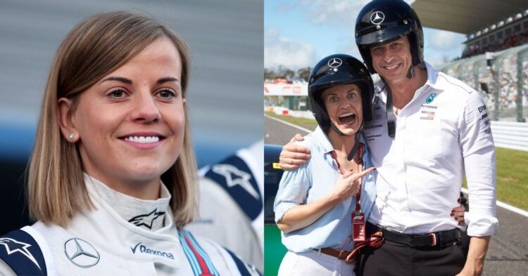 Susie Wolff (left), Susie Wolff with husband Toto Wolff (right) (Credits- The Independent, ESPN)
