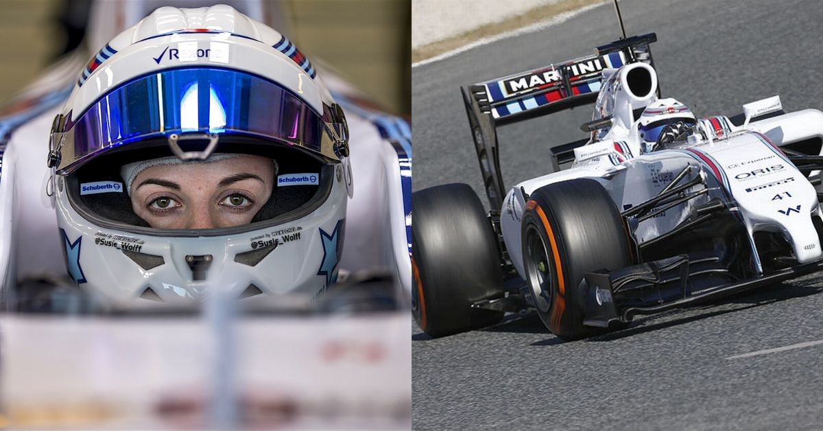 Susie Wolff (left), Susie Wolff testing Williams F1 car in Barcelona (Credits- Salracing, The Mirror)