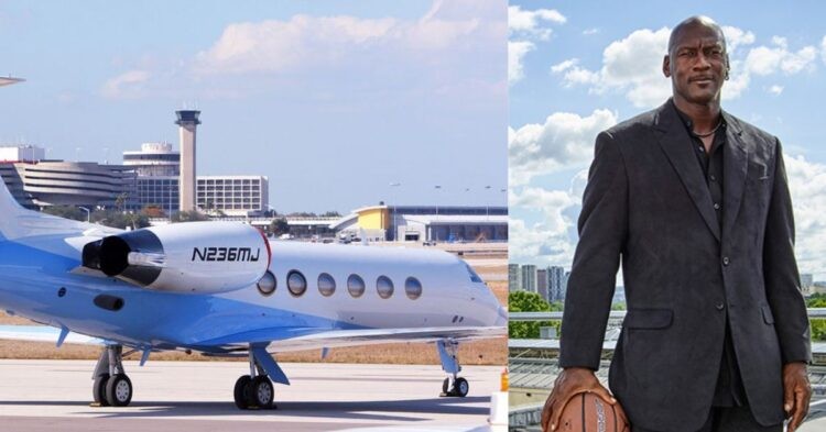 Michael Jordan in a suit and his private jet