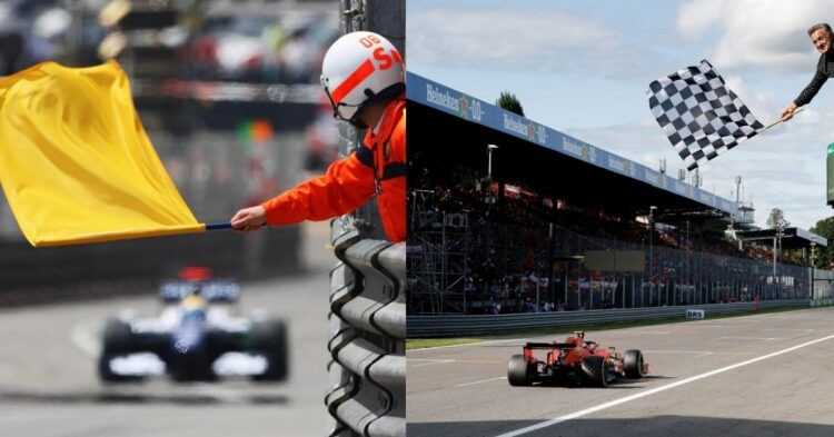 one of the types of flags used in F1, the yellow flag (left), chequered raised at the end of a race (right) (Credits- redbull.com, Motor Sport)
