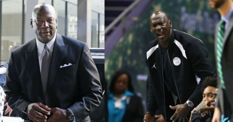 Michael Jordan in a suit and at a Charlotte Hornets game