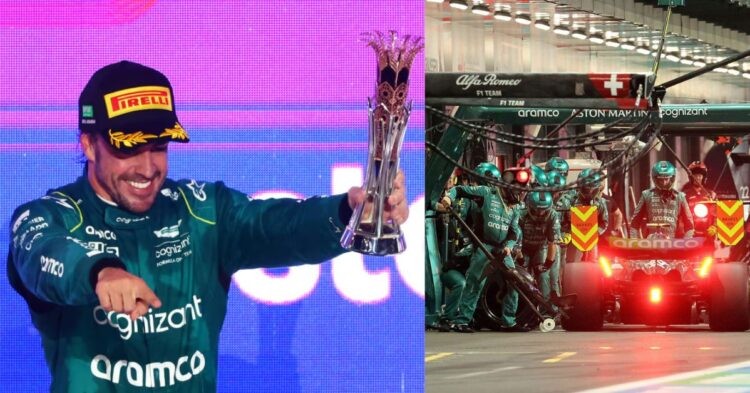 Fernando Alonso celebrating his 100th podium at Jeddah (left), Aston Martin being penalized for incorrect start position(right) (Credit- F1, PlanetF1)