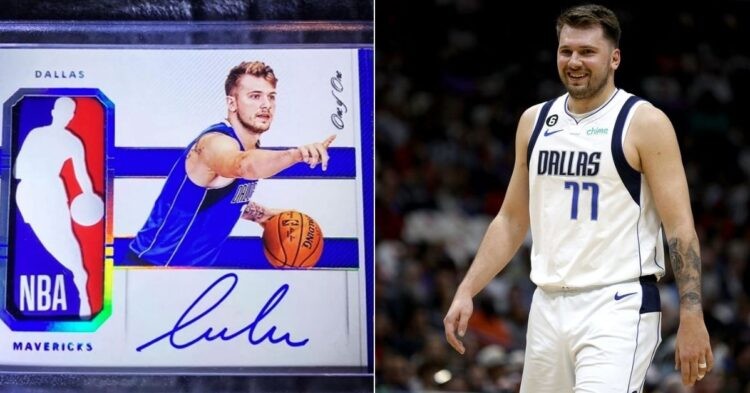 Luka Doncic on the court and his rookie basketball card