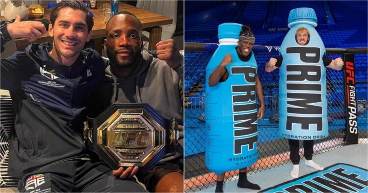 Leon Edwards with his nutritionist (left) and Logan Paul and KSI in the UFC Octagon (right)