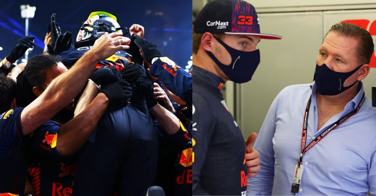 Sergio Perez celebrating with Red Bull team (left), Jos Verstappen with Max Verstappen (right) (Credits- mykhel.com , pitwalkers.com )