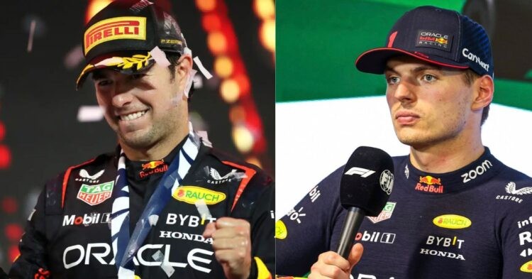 Sergio Perez celebrating his 2nd Saudi Arabian GP win at Jeddah (left), Max Verstappen (right) (Credit- SkySports, Motorsport Magazine)