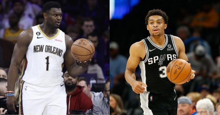 New Orleans Pelicans' Zion Williamson and San Antonio Spurs' Keldon Johnson on the court