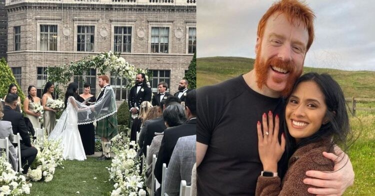 Sheamus during his wedding ceremony (left) Sheamus with his wife (right)