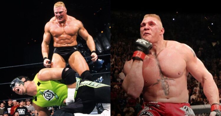 Brock Lesnar WWE debut (left) and Brock in UFC (right)