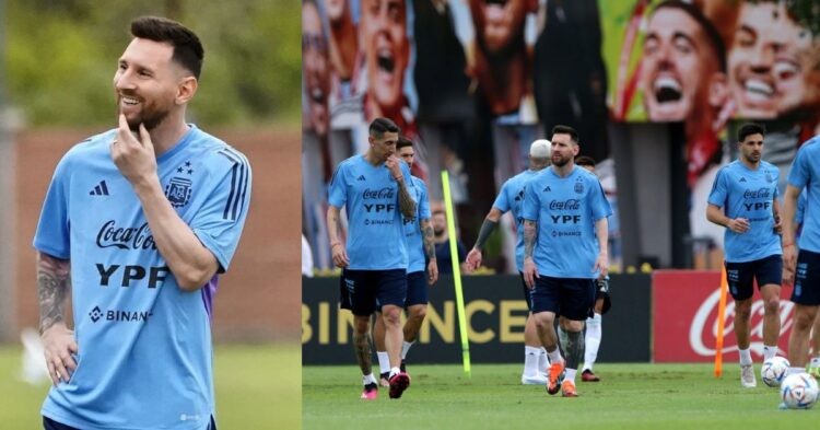 Lionel Messi trains with the Argentina team for the first time since winning the World Cup