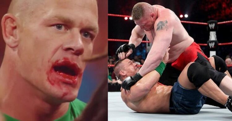 John Cena (left) John Cena and Brock Lesnar during their brawl (right)