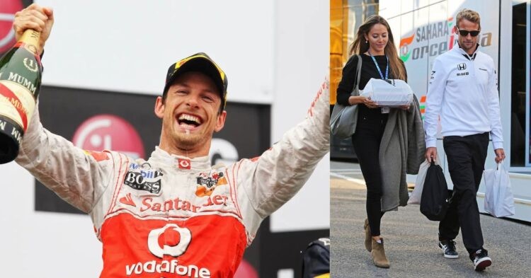 Jenson Button on the podium (left), Button with wife Jessica Michibata(right) (Credit- Daily Mail, The Guardian)