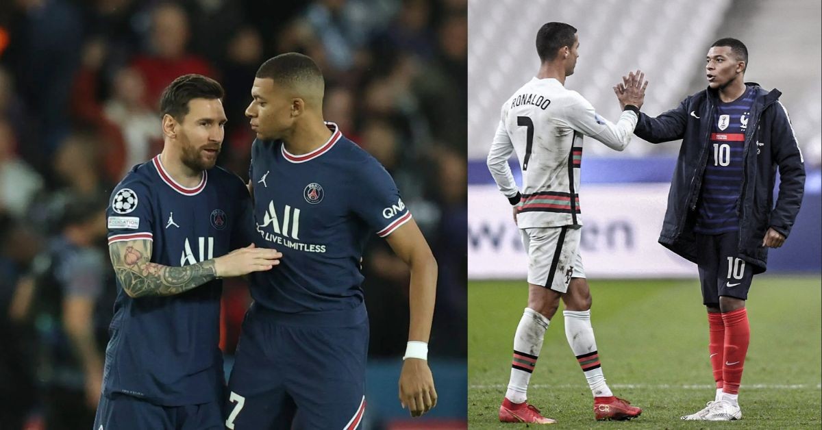 Kylian Mbappe with Lionel Messi and Cristiano Ronaldo