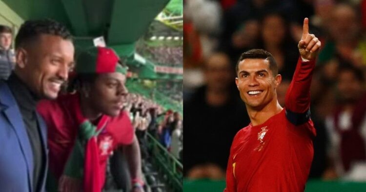 IShowSpeed and Nani celebrate Cristiano Ronaldo's goal.