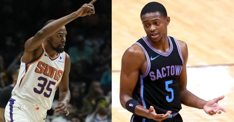 Phoenix Suns' Kevin Durant and Sacramento Kings' De'Aaron Fox on the court