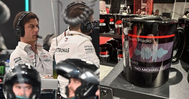 Toto Wolff (left), The infamous mug at the F1 exhibition (right) (Credits- sportskeeda.com, Twitter)