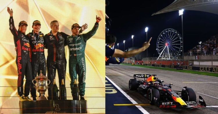 Red Bull one-two at Bahrain GP 2023 (left), RB19 chequered flag (right) (Credit- FIA, TheSportsRush).