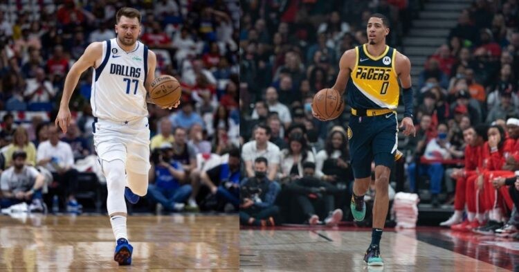Dallas Mavericks' Luka Doncic and Indiana Pacers' Tyrese Haliburton on the court