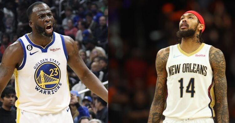 Golden State Warriors' Draymond Green and New Orleans Pelicans' Brandon Ingram on the court