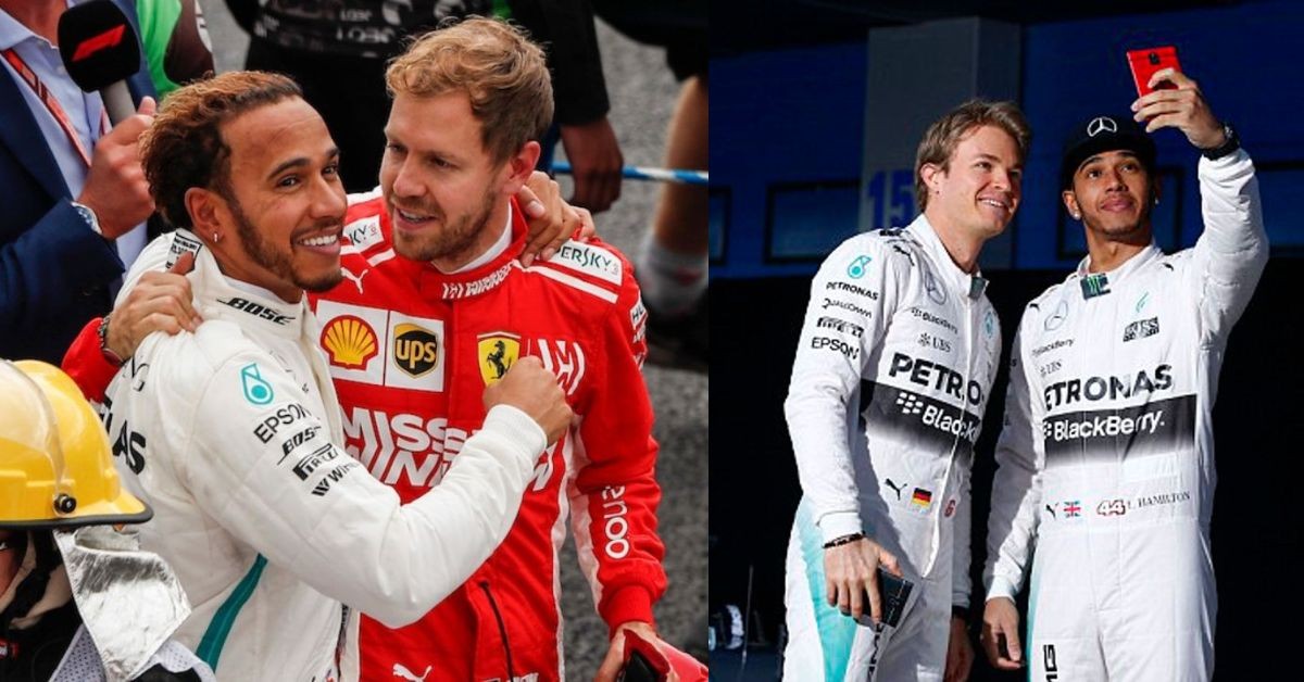Lewis Hamilton with Sebastian Vettel (left), Nico Rosberg and Lewis Hamilton (right)(Credit- TheSportsRush, Daily Star)