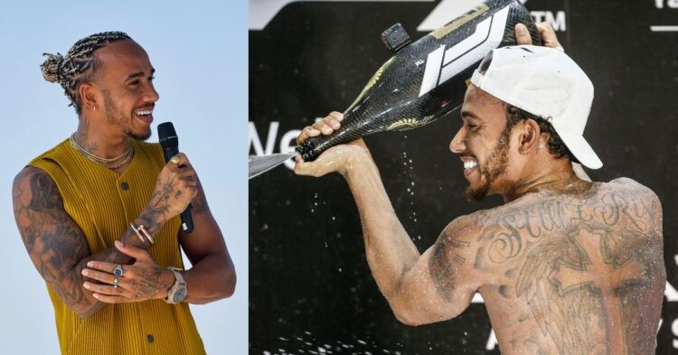 Lewis Hamilton showing off his tattoos (Credit- The Sun, The Times)