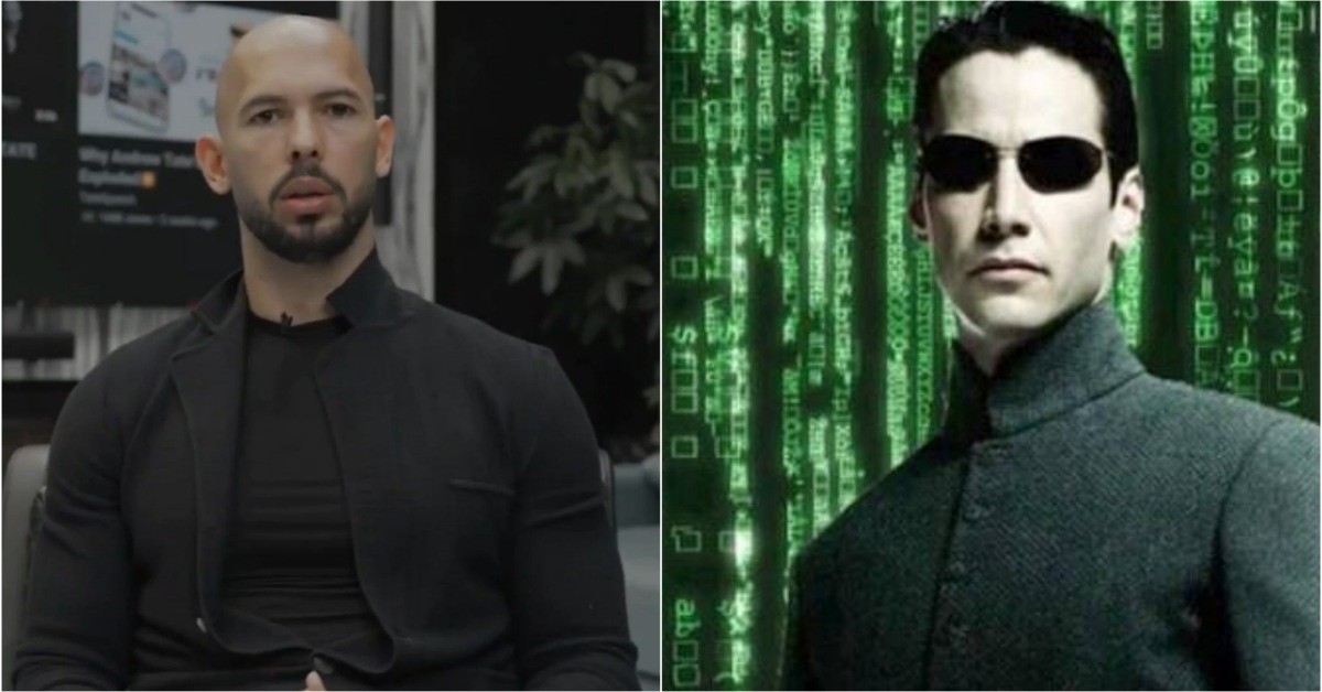 Andrew Tate (left) and Keanu Reeves as Neo in The Matrix (right)