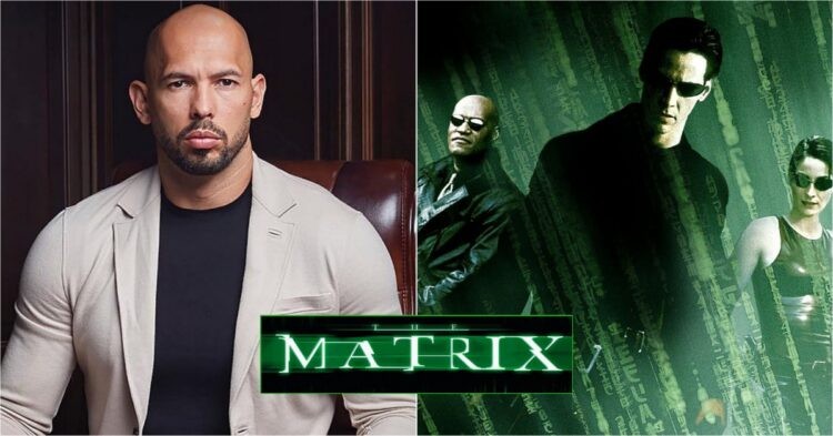 Andrew Tate (left) and The Matrix poster (right)