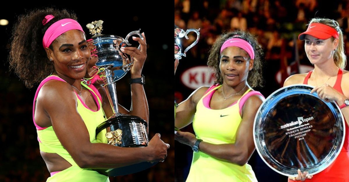 Serena Williams with her 2015 Australian Open title alongside runner-up Maria Sharapova (Credit: WTA)