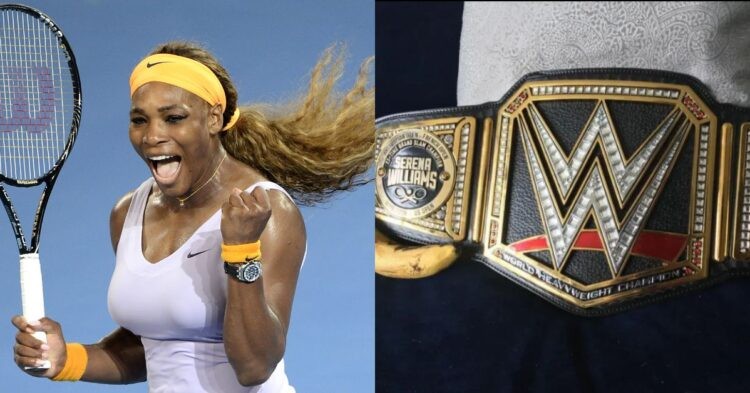 Serena Williams and the WWE belt bestowed upon her by the Wrestling organization (Credit: The Sun)