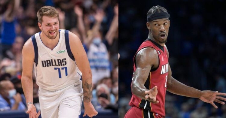 Dallas Mavericks' Luka Doncic and Miami Heat's Jimmy Butler on the court