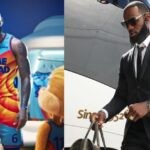 LeBron James acting in Space Jam 2 and wearing a suit