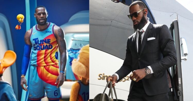 LeBron James acting in Space Jam 2 and wearing a suit