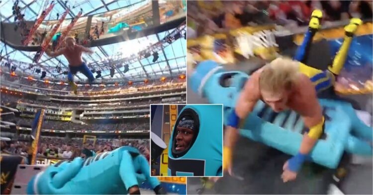 Logan Paul frog splash against KSI at WrestleMania 39