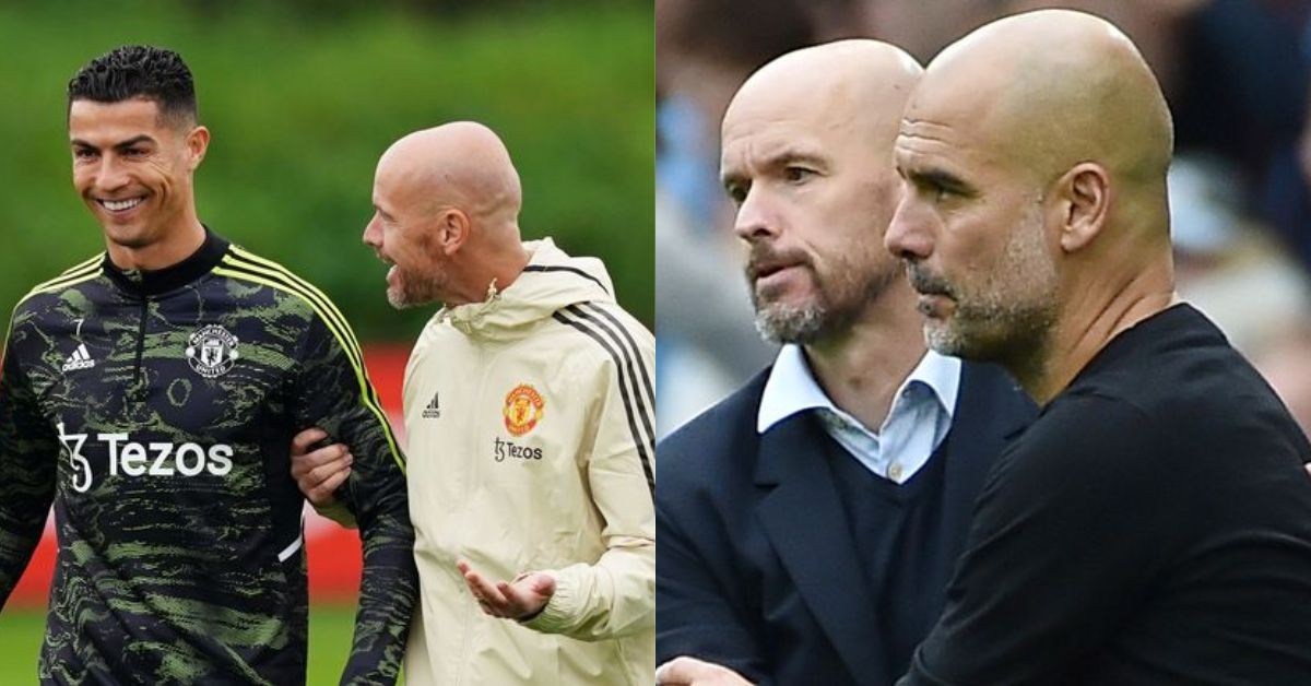 Manchester United boss, Erik Ten Hag with Cristiano Ronaldo and Pep Guardiola respectively (Credits: The Mirror, Sky Sports)